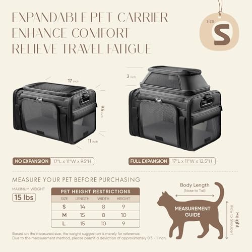 Top-Expandable Pet Carrier with Treat & Pet Window,17x11x9.5 Inch Alaska Hawaiian Airline Approved,Soft-Sided Dog Carrier for Small Dogs and Cats,Travel Cat Carrier with Locking Safety Zippers,Black - color: Black, size: 17.0"L x 11.0"W x 9.5"H