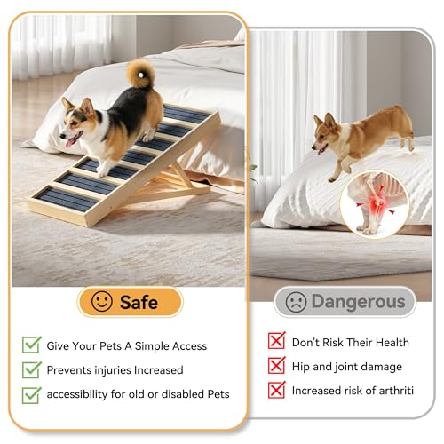 Adjustable Wooden Dog Ramp for Bed and Couch - 39" Folding Pet Ramp with 4 Heights and Non-Slip Safety Rails for 132lbs Small, Medium, and Senior Dogs - size: 39"L