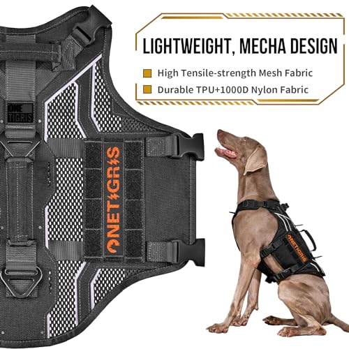 OneTigris Tactical Dog Harness for Large Dogs, Adjustable Tactical Dog Harness with Handles, Reflective Vest Heavy Duty & Breathable Military Assistance Vest with No Pull Buckle, Black - color: Black, size: Medium