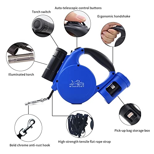 360° Tangle-Free Retractable Dog Leash with Flashlight, Dispenser and Poop Bag Heavy-Duty Nylon Tape for Small, Medium Dogs and Cats One-Handed Brake and Lock, Blue - color: blue