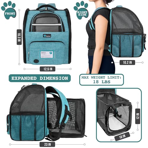 PetAmi Expandable Dog Backpack Carrier for Cats & Pets, Breathable Cat Carrier Backpack with Top Window & Multi-Entry, Ventilated Foldable Travel Carrier for Small Medium Pets up to 18 lbs, Teal Blue - color: Turquoise