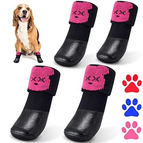 Dog Cat Boots Shoes Socks with Adjustable Waterproof Breathable and Anti-Slip Sole All Weather Protect Paws(Only for Small Dog)(L, Pink - color: Pink(New Style), size: Large (Pack of 4)