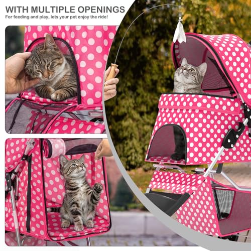MoNiBloom 3 Wheels Pet Dog Cat Stroller for Small Medium Dogs Cats, Foldable Jogger Stroller w/Storage Basket and Cup Holder, Hot Pink Polka Dots - color: Hot Pink Polka Dots