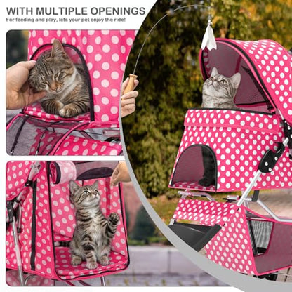MoNiBloom 3 Wheels Pet Dog Cat Stroller for Small Medium Dogs Cats, Foldable Jogger Stroller w/Storage Basket and Cup Holder, Hot Pink Polka Dots - color: Hot Pink Polka Dots
