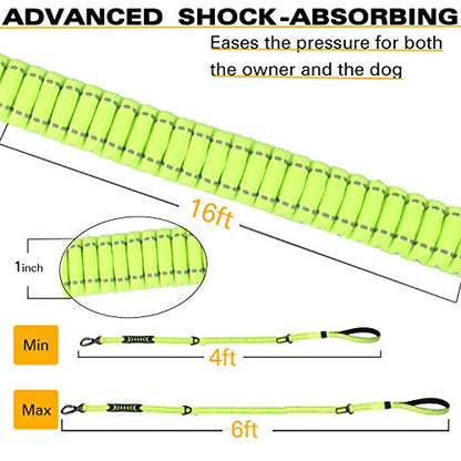 No-Pull Shock Absorbing Bungee Leash for Large Dogs, 4-6 FT Heavy Duty Dog Leash with Traffic Handle & Seat Belt Buckle, Reflective, Up to 150 Lbs - color: Fluorescent Green
