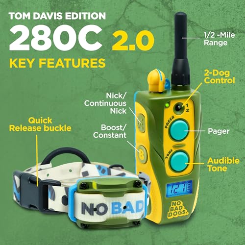 Dogtra E-Collar Tom Davis 280C 2.0 [2025 Edition], Boost & Lock, Waterproof, 1/2-Mile Range Dog Training Collar with Remote, Rechargeable, 127 Levels, Vibration, Bungee, No Bad Dogs Trainers - color: Tom Davis 280C 2.0