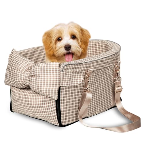 Prpeko Dog Car Seat for Small Dogs,Center Console Seat for Puppy,Anti-Collapse Pet Car Seat with Soft Cushion Safety Belt, Portable Car Armrest Seat for Dog & Cat Under 15 lbs (Grid-Brown)