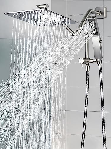 G-Promise All Metal 10 Inch Rain Shower Head with Power Wash Mode Handheld Spray Combo, Pause Setting 3-way Diverter, Full Body Coverage Waterfall Showerhead, Luxury Bathroom Upgrade (Brushed Nickel) - color: Brushed Nickel, size: 10 Inches