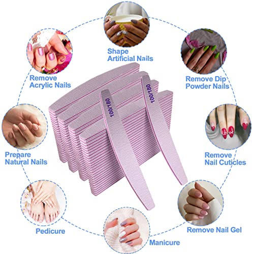 Nail Files (100 Pcs), 100/180 Grit Nail File Emery Board Bulk for Acrylic Nails and Natural Nails, Limas para Unas Acrilicas Profesional Pack Filers for Gel Nail Double Sided Manicure Curved Gray - size: 100 Pcs Halfmoon 100/180 Grit