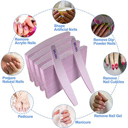 Nail Files (100 Pcs), 100/180 Grit Nail File Emery Board Bulk for Acrylic Nails and Natural Nails, Limas para Unas Acrilicas Profesional Pack Filers for Gel Nail Double Sided Manicure Curved Gray - size: 100 Pcs Halfmoon 100/180 Grit