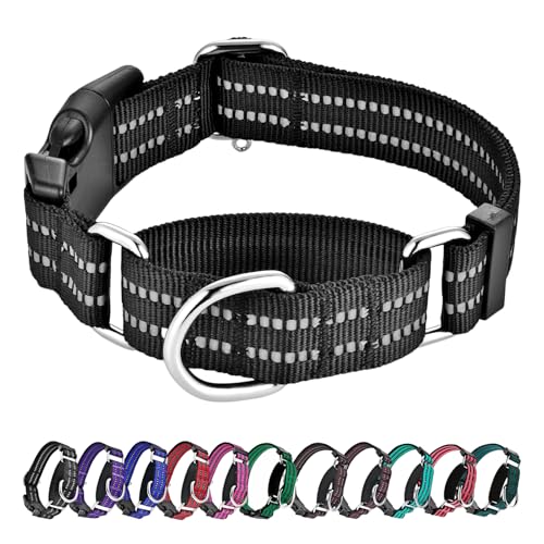 Hikiko Martingale Collar for Dogs Reflective Nylon Dog Collar with Quick Release Buckle Adjustable Training No Slip Dog Collar (Large, Black) - color: Black, size: Large