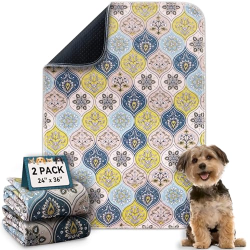 Washable Pee Pads for Dogs, Stylish Absorbent Reusable Training Dog Pads, Non-Slip and Leak-Proof Puppy Pads, Potty Pads for Crates, Whelping, Playpen, Bed and Floors, Cream/Multi 2 Pack 24" x36" - color: Cream/Multi, size: 24" x 36" 2PACK