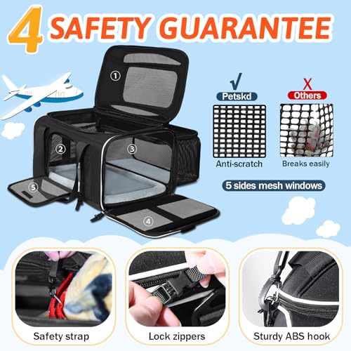 Petskd Top and Side Expandable Pet Carrier 17x12x8.5 Inches JetBlue Frontier Spirit Airline Approved, Soft-Sided Carrier for Small Cats and Dogs with Locking Safety Zipper and Anti-Scratch Mesh(Black) - color: Black, size: 17.0"L x 12.0"W x 8.5"H