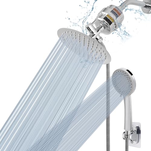 NearMoon Filtered Shower Head, High Pressure 8″Round Rain Shower and 5 settings Handheld Shower Filter Combo with Self-adhesive Holder/1.5M Hose -1 Replaceable Filter Cartridge (Chrome Finish) - color: Chrome Finish