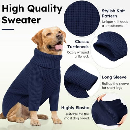 Queenmore Large Dog Sweater - Turtleneck Knitted Pullover Xmas Dog Clothes, Warm Sweatshirt, XL, Navy Blue - color: Navy Blue, size: X-Large
