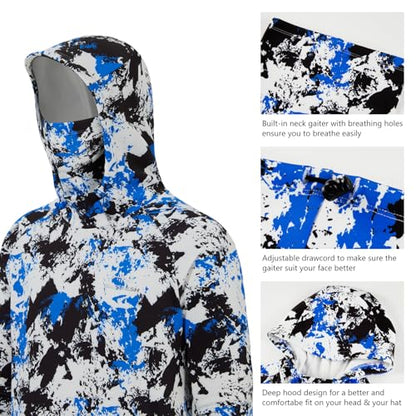BASSDASH Men’s Fishing Fleece Hoodie with Neck Gaiter Water Resistant Performance Hunting Sweatshirt FS18M - color: Blue&black Camo -No Logo at Sleeve, size: Medium