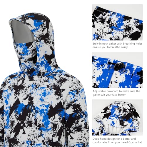 BASSDASH Men’s Fishing Fleece Hoodie with Neck Gaiter Water Resistant Performance Hunting Sweatshirt FS18M - color: Blue&black Camo -No Logo at Sleeve, size: Small
