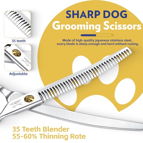 JASON Dog Shears for Grooming - 7" Up-curved Thinning Scissors with 55%-60% Thinning Rate, Japanese 440C Stainless Steel Dog Grooming Blenders with Adjustable Screw (35 Teeth, Silver) Christmas Gift - style: Up-curved Chunkers01