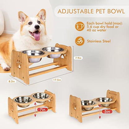 X-ZONE PET Elevated Dog Bowls for Cats and Dogs, Adjustable Bamboo Raised Dog Bowls for Medium Dog, Food and Water Set Stand Feeder with 2 Stainless Steel Bowls and Anti Slip Feet (Height 4.7" to 7") - size: M- Height 4.7" up to 7"