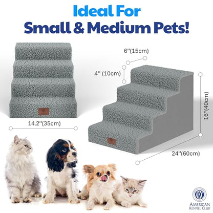 AKC – 4-Step Pet Stairs for Beds & Couch | Built for Small Dogs & Small Breeds | Long-Back & Senior Dogs | Lightweight, Soft, Non-Slip, Washable | No-Tool Assembly | Supports 35 lbs | 16x24x14.2 in