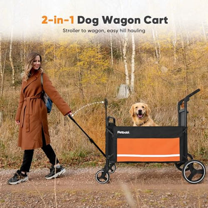 Petbobi Dog Wagon Stroller for Large & Medium Dogs, 2-in-1 Push Pull Pet Cart with Ramp, Foldable Wagon, 360° Swivel Wheels, Adjustable Handles, Safety Leashes, Orange - color: Orange