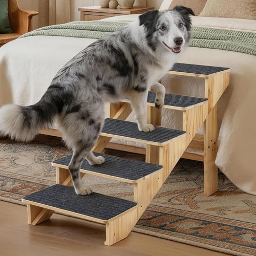 5-Step Dog Stairs for Large Dogs, Solid Wooden Dog Steps for Beds/Couch with Carpet, 24 Inches Anti-Slip Pet Stairs for High Beds, Ramp for Older/Senior Dogs, Pet Bed Stairs to Get on Bed/Sofa - size: 5-Step