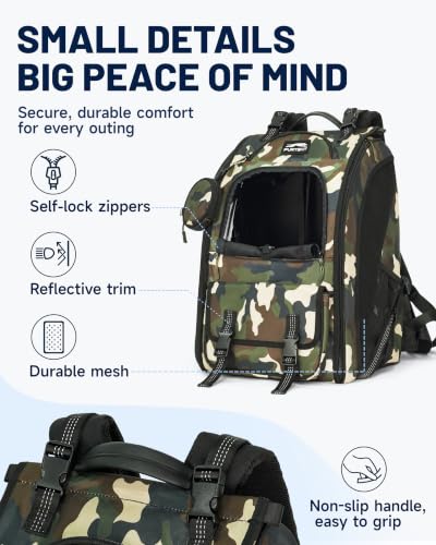 Dog Backpack Carrier with Ergonomic Support, Padded Straps and Ventilation, Hiking Pet Backpack with Safety Tethers, Reflective Trim and Waist Support, Up to 22lbs