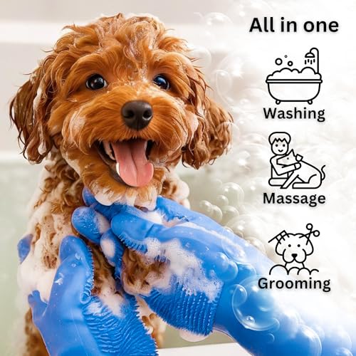 Dog Washing Gloves with Bristle Scrubbers, Reusable Silicone Gloves Ideal for Pet Bathing, Massaging & Grooming (Blue) - color: Blue