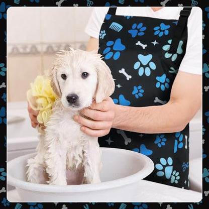 Dog Grooming Waterproof Apron with 2 Pockets, Cute Animals Puppy Dog Pets Apron - style: Blue Dog Paw