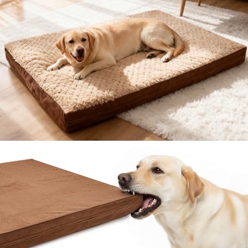 Sytopia 44" Indestructible Dog Bed for Extra Large Dogs – Chew-Proof Pet Mat with Double-Sided Plush & Waterproof Liner, Tough Crate Mat with Egg-Crate Foam Support, Indoor & Outdoor Use, Brown - color: Brown, size: XX-Large