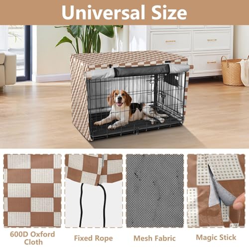 Netural Checkerboard Dog Crate Cover 600D Oxford Pet Kennel Cover with Mesh Window for Dog Cages, Windproof Waterproof Machine Washable, 42"x28"x30" - size: 42"x28"x30"