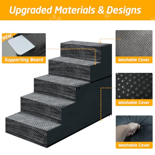 23" H Dog Stairs for Small and Medium Dogs 5-Step Ramps for High Beds and Couch Non-Slip Extra Wide Pet Stairs for Old Dogs and Puppy and Cat - Stable & Durable with Machine Washable Cover Indoor