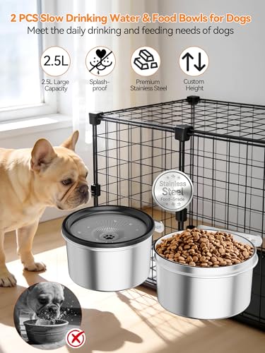 2 Pcs No Spill Dog Water Bowl for Crate, 2.5L Stainless Steel Hanging Kennel Bowls with Adjustable Height, Anti-Splash Water & Food Bowl Set for Cage Kennel Crate, Medium Large Dogs (Black) - color: Black