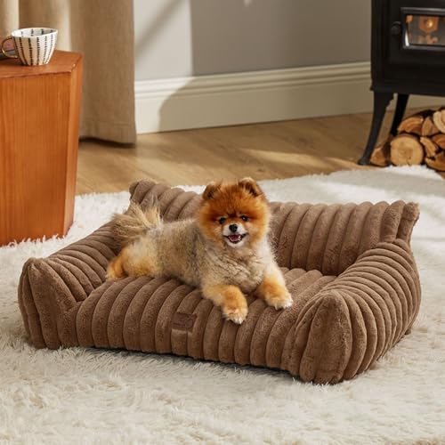 Bedsure ComfyFleece™ Cute Cat Couch for Pets - As Seen on TV on Good Day New York, Small Medium Dog Bed, Supportive Couch Bed for Small Dogs, 30 Inch, Camel Brown - color: Camel Brown, size: 30x20x10"