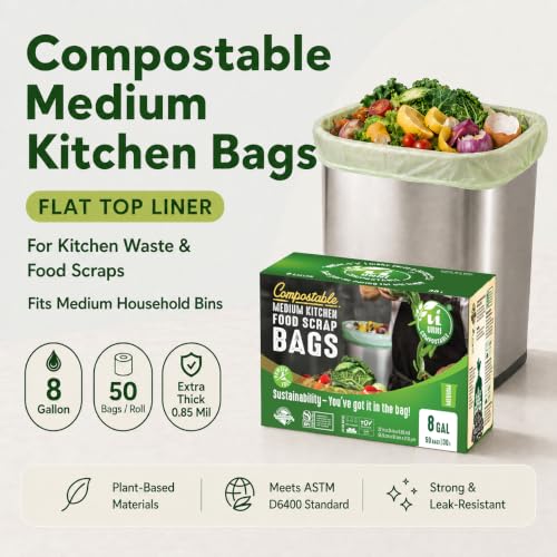 UNNI Compostable Trash Bags, 8 Gallon / 30 Liter, 50 Count, Extra Thick 0.85 mil Medium Kitchen Food Scrap Bin Liners, Certified by BPI, CMA & OK compost HOME, Meets the ASTM D6400 Standard - size: 50 Count (Pack of 1), style: 8 Gallon