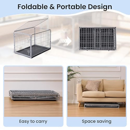 ZOMISIA Collapsible Dog Crate with Lockable Wheels - 42 inch Escape Proof Dog Kennel for Medium Dogs with Double Door, Easy Assembly Foldable Cage with Removable Tray, Indoor Outdoor Use,Silver Gray - size: 42.4"L x 28.2"W x 28.8"H