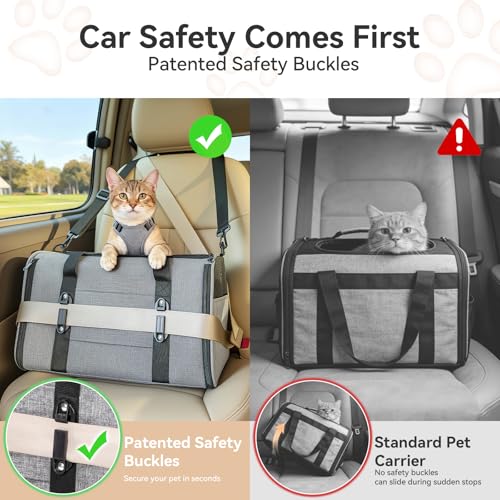 PETSFIT Soft-Sided Cat Carrier with Patented Safety Buckles, Lockable Zippers & Safety Tether,Escape-Resistant Travel Pet Carrier for Car Rides & Vet Visits, Airline Approved Under-Seat, Up to 12 lbs - color: Gray, size: 18.0"L x 11.0"W x 11.0"H
