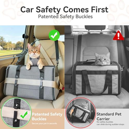 PETSFIT Soft-Sided Cat Carrier with Patented Safety Buckles, Lockable Zippers & Safety Tether,Escape-Resistant Travel Pet Carrier for Car Rides & Vet Visits, Airline Approved Under-Seat, Up to 12 lbs - color: Gray, size: 18.0"L x 11.0"W x 11.0"H