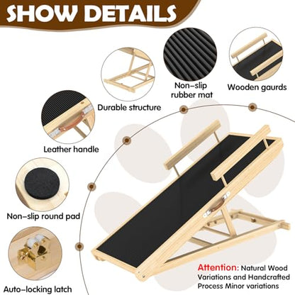 Dog Ramp for Couch, Bed or Car, Wooden 44" Long Pet Stairs for Small & Large Old Dogs & Cats, Hold up to 200lb, 5 Adjustable Height from 14.96" to 22", Portable Doggie Steps, Excellent Traction - size: 44"L*15.74"W*14.96"~22.04"H