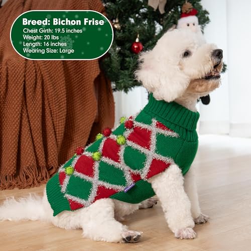 cyeollo Dog Christmas Sweater, Turtleneck Dog Sweaters for Small Dogs Girl Xmas Knitted Pullover Puppy Dogs Clothes Soft Holiday Outfit, Green Small - color: Christmas-Ball, size: Small