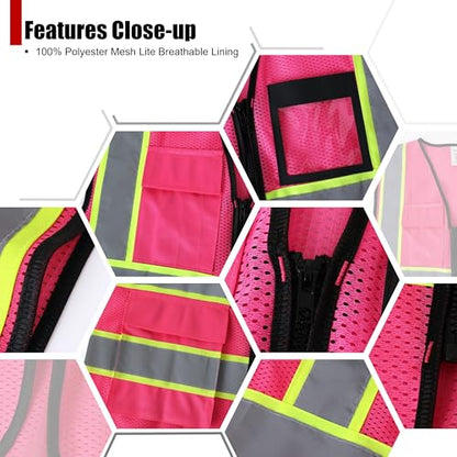 Reflective Safety Vest for Men Women Hi Vis Vest with 8 Pockets High Visibility Mesh Reflective Vest Meets ANSI/ISEA Standards (Pink-07,Large) - color: Pink, size: Large
