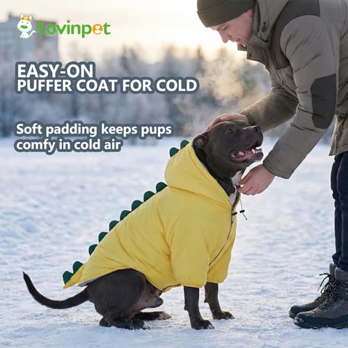 LovinPet Dog Warm Coat with Hood – Medium & Large Dinosaur Hoodie Winter Jacket for Cold Weather, Yellow & Green Coat for Large Dogs,XXL - size: XX-Large