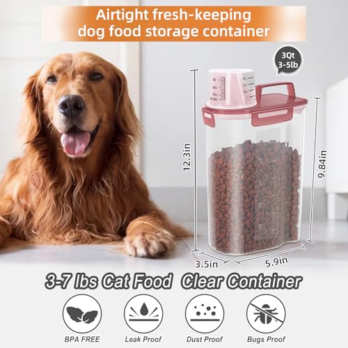 LEAWALK Airtight Small Cat Dog Pet Food Storage Containers BPA Free, with Large Pour Spout/1 Measuring Cup/ 4 Safety Locks and Double-layer Silicone Strip (Clear Pink, 3L-1pack) - color: Clear Pink, size: 3L-1pack