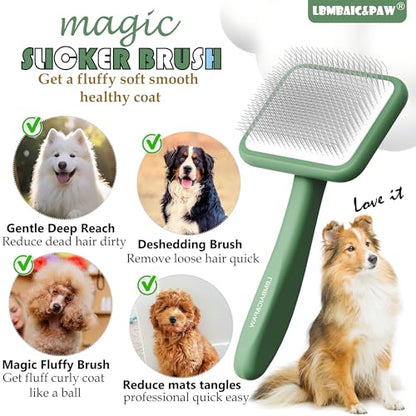 Dog Brushes for Poodle,Doodle,Bernedoodle,Chow Chow Best Slicker Brush for Thick Long Curly Hair Deshedding,Detangles,Fluffy,Grooming,Remove Loose Hair Long Pin Slicker Brush.Wood body(Large) - color: Green