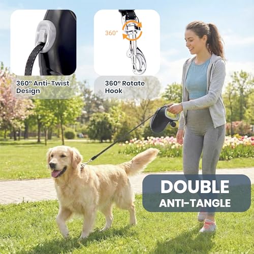 33ft Retractable Dog Leash, One-Button Control with Reflective Strips, 360° Anti Winding Non Slip Handle Lead, Long Leash Retractable with Waste Bag Dispenser for Medium Large Dog