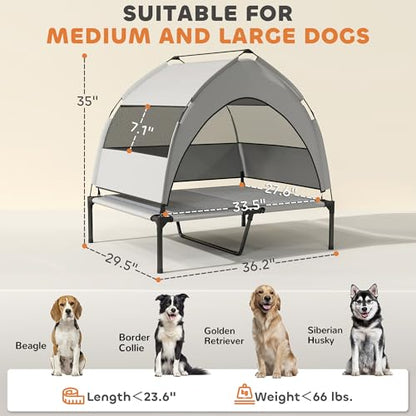 PawHut Elevated Dog Bed with Cooling Pad, Raised Outdoor Pet Bed with Removable Canopy, Breathable Mesh, Storage Bag, Portable Pet Cot for Indoor Outdoor Large Dogs, 36" x 29.5" x 35", Light Gray - size: 3' L x 2.5' W x 2.9' H