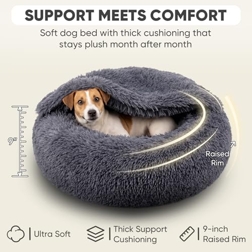 Himax Medium Dog Bed, Round Dogs Beds with Blanket Attached, Comfort Fluffy Calming Dog Bed Washable (20"/26"/35") Deep Grey - color: Grey, size: 26.0"L x 26.0"W x 9.0"Th