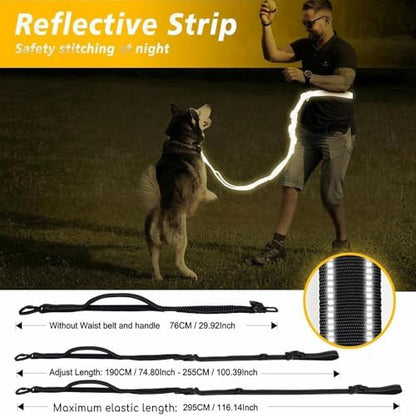 Hands-Free Waist Leash for Dog Walking, Running and Hiking, Adjustable Belt | Shock Absorbing Bungee Leash with Car Seat Belt, Reflective Padded Handles, 6.3FT to 9.7 FT - color: Khaki