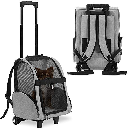 KOPEKS Deluxe Backpack Pet Travel Carrier with Double Wheels for Pets up to 10 Pounds - Black - Approved by Most Airlines - color: Grey, size: 13.0"L x 12.0"W x 20.0"H
