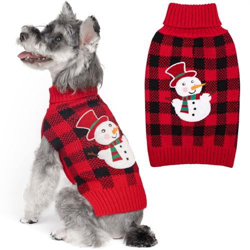 KYEESE Dog Christmas Sweater with Snowman Design, Turtleneck Dog Sweater for Small Dogs Boy Girl, Red Buffalo Plaid Knitwear with Leash Hole, Soft Warm Pet Clothes, Cozy Winter Outfit, Small - color: 4# Snowman, size: Small (4-7lbs)